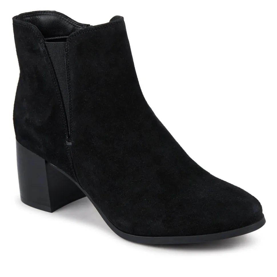 Leather Elasticated Heeled Ankle Boots - Black Suede