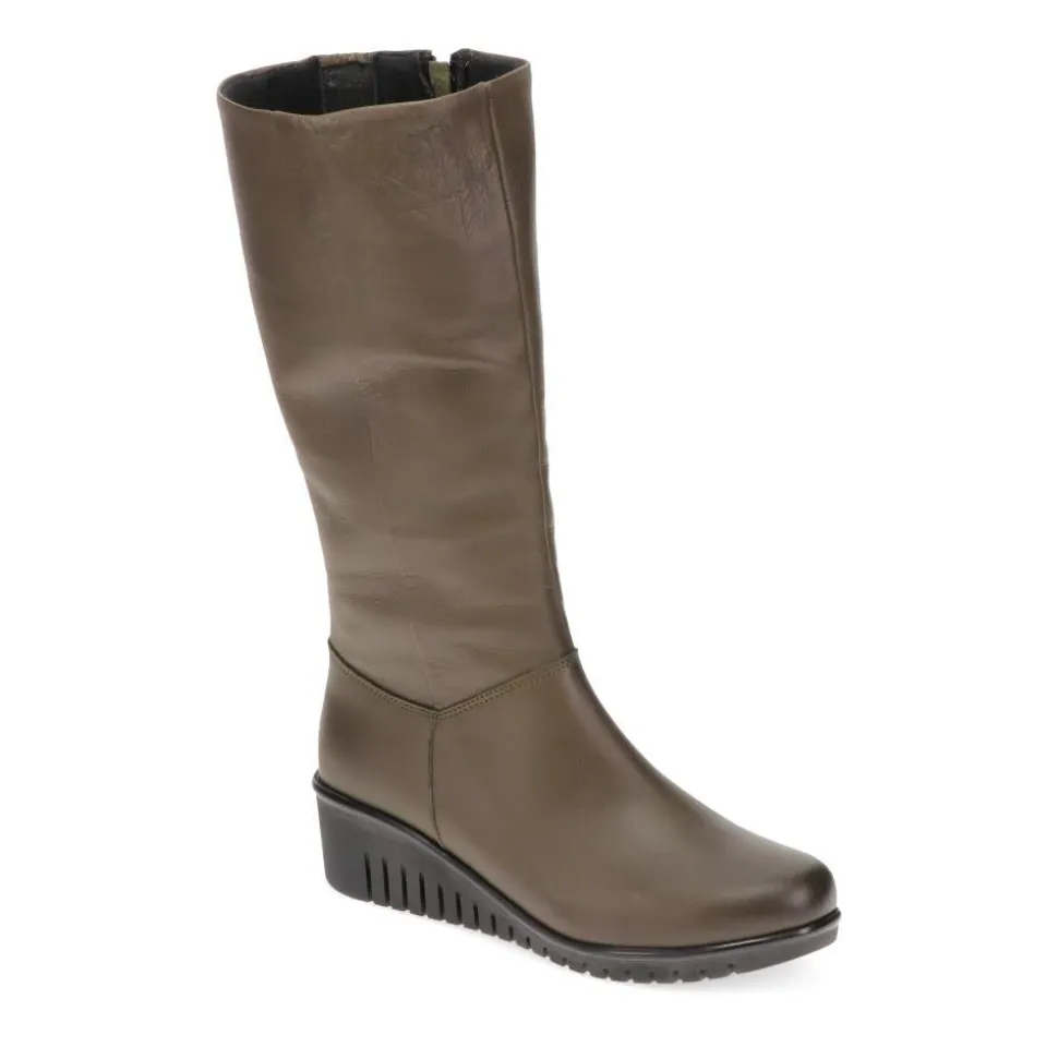 Leather Knee-High Boots - Khaki