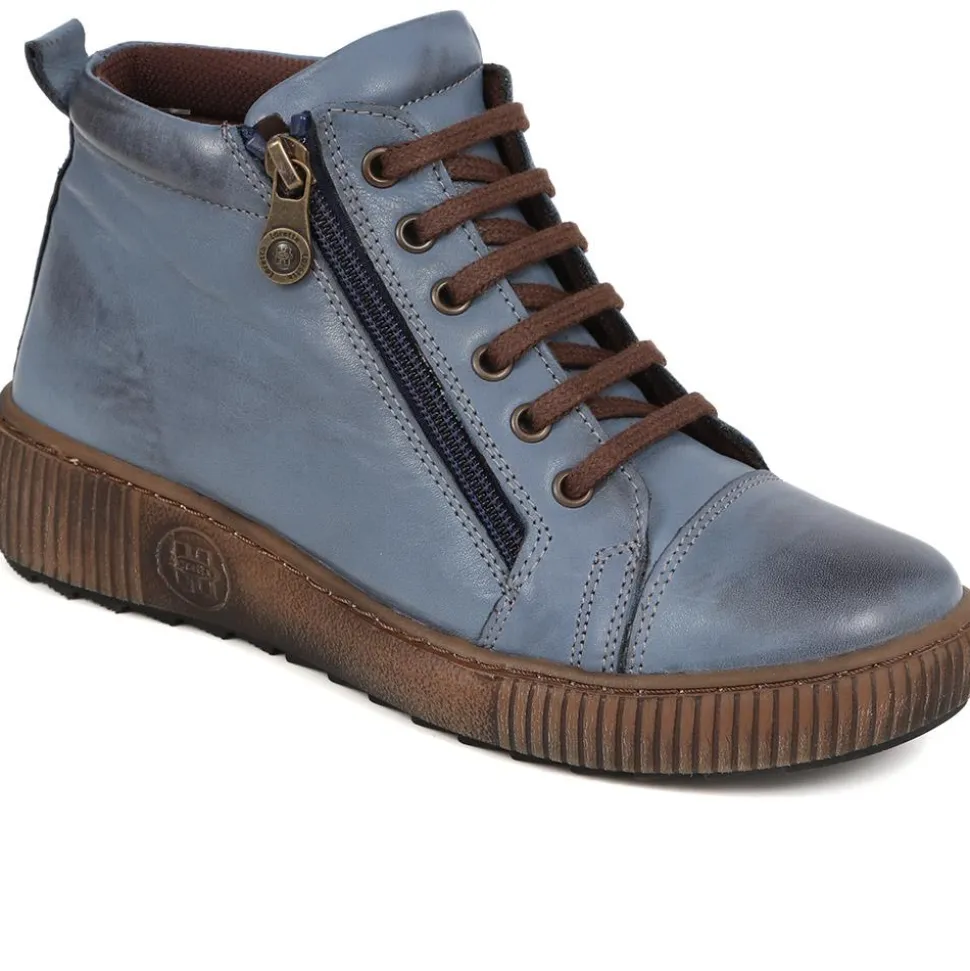Leather Lace-Up Boots - Denim