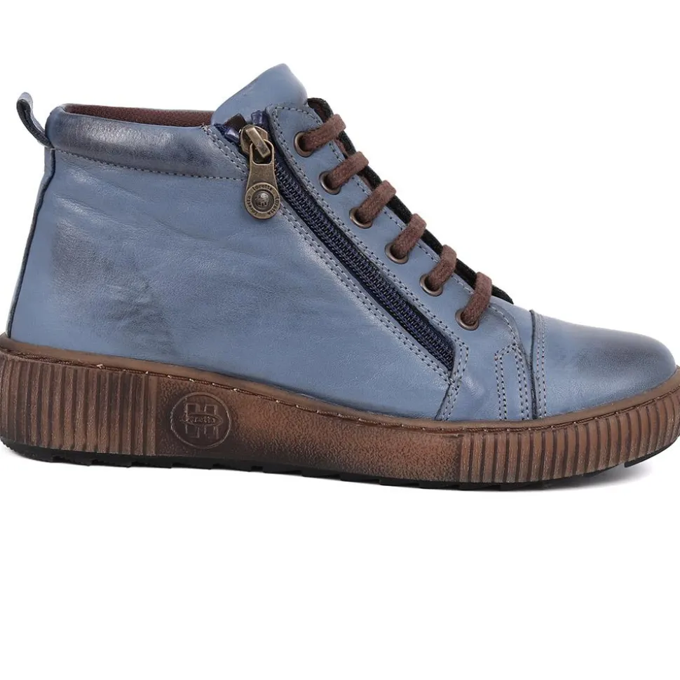 Leather Lace-Up Boots - Denim