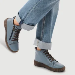Leather Lace-Up Boots - Denim
