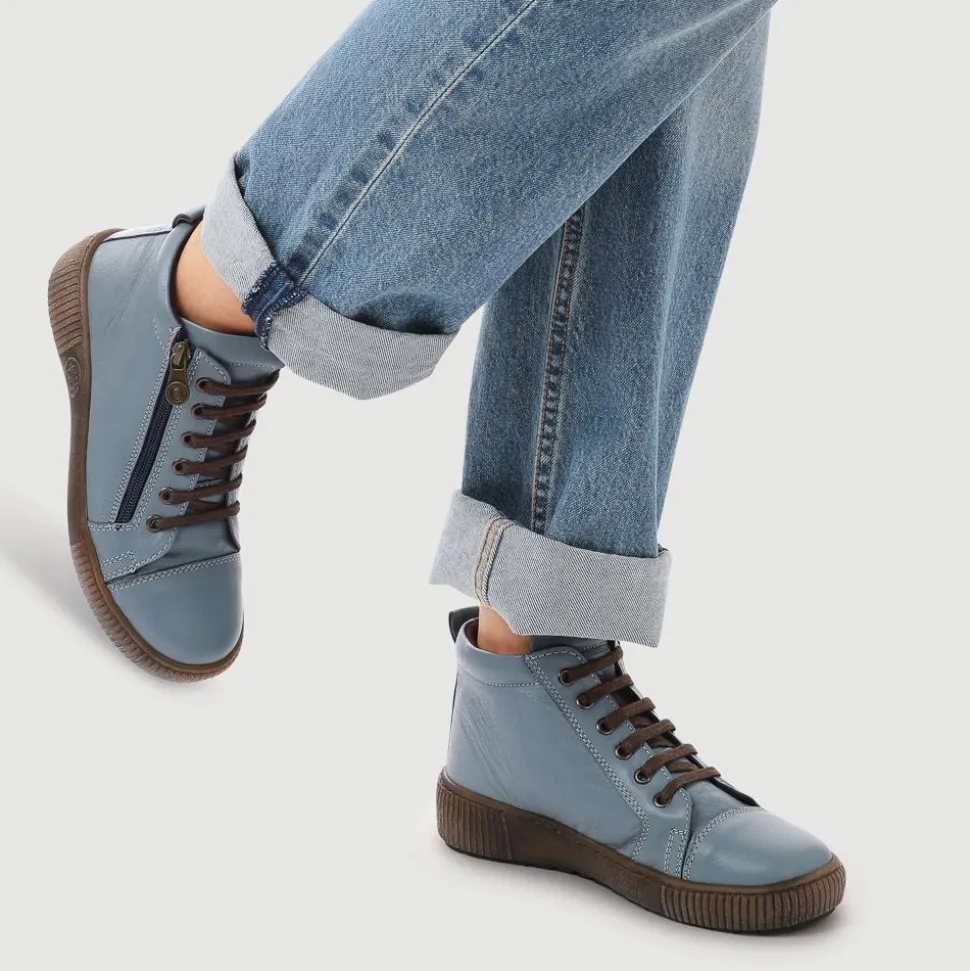 Leather Lace-Up Boots - Denim
