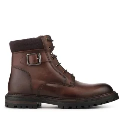 Leather Lace Up Boots With Buckle Detail - Brown