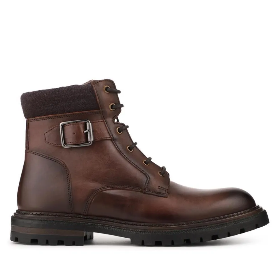 Leather Lace Up Boots With Buckle Detail - Brown