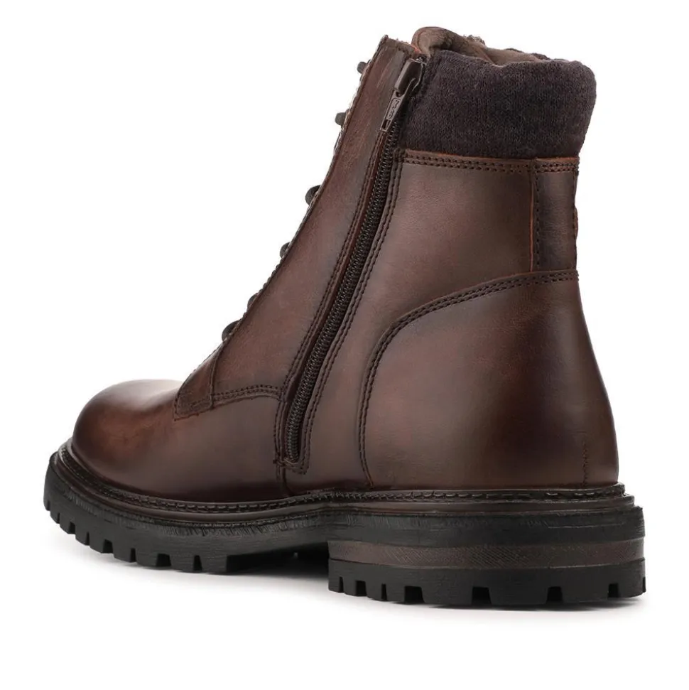 Leather Lace Up Boots With Buckle Detail - Brown