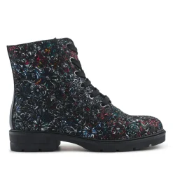 Leather Lace-Up Boots With Inside Zip - Black Floral