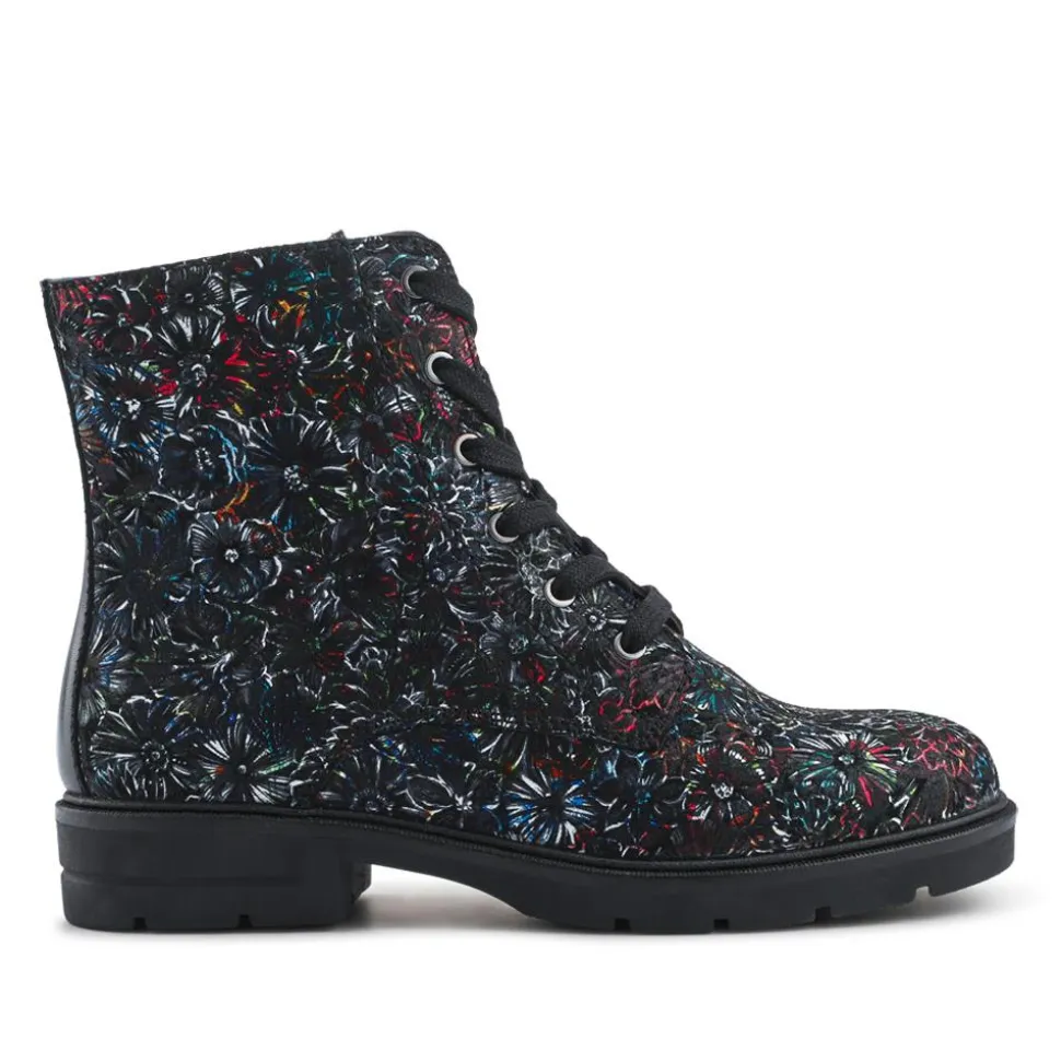 Leather Lace-Up Boots With Inside Zip - Black Floral