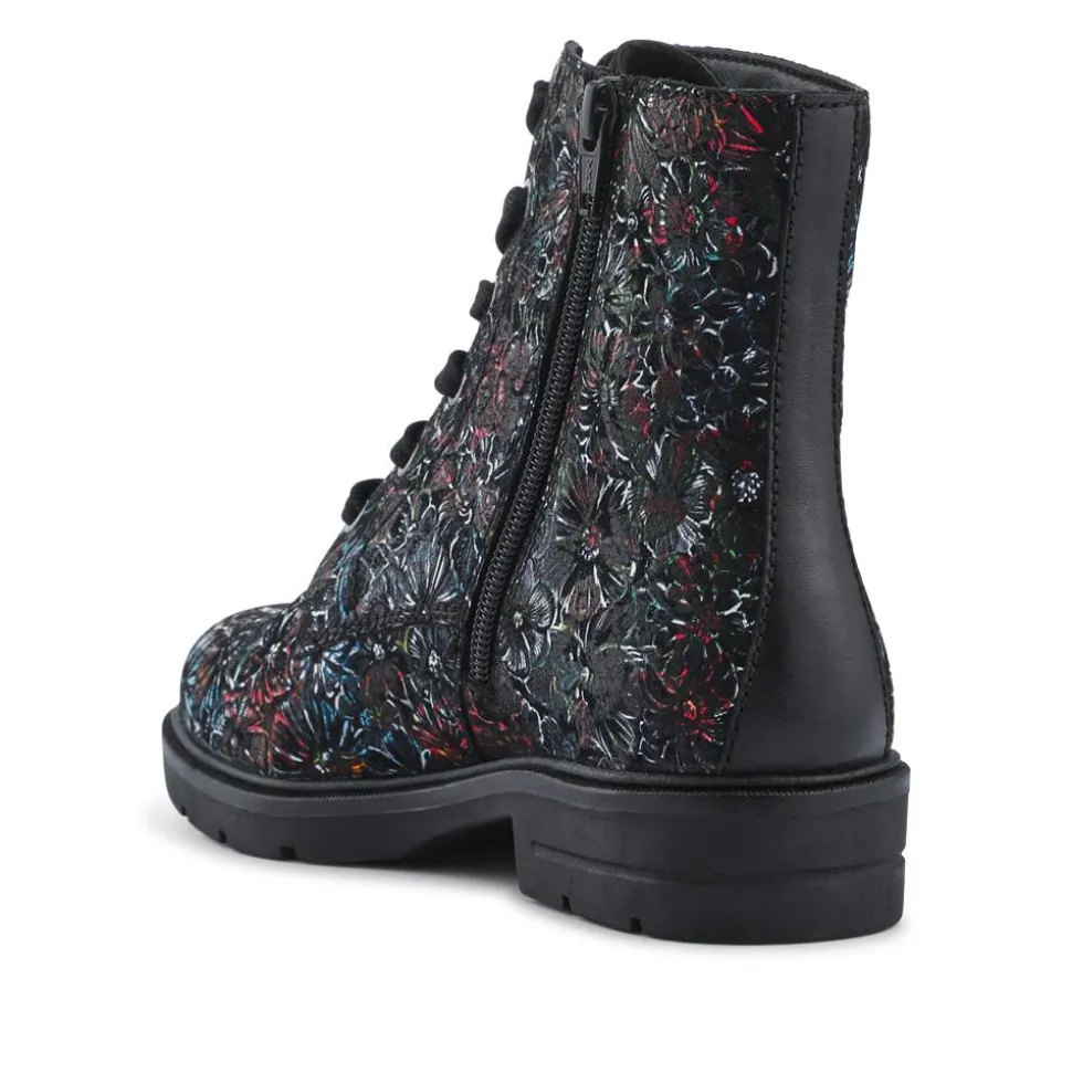 Leather Lace-Up Boots With Inside Zip - Black Floral