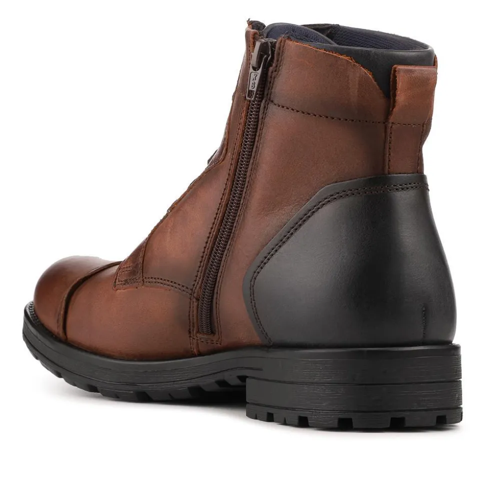 Leather Lace Up Toe Cap Boots - Brown