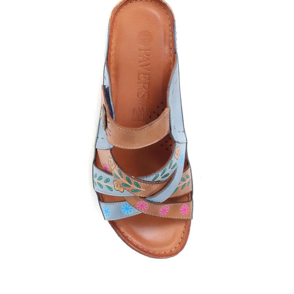 Leather Mule Sandals - Denim-Tan