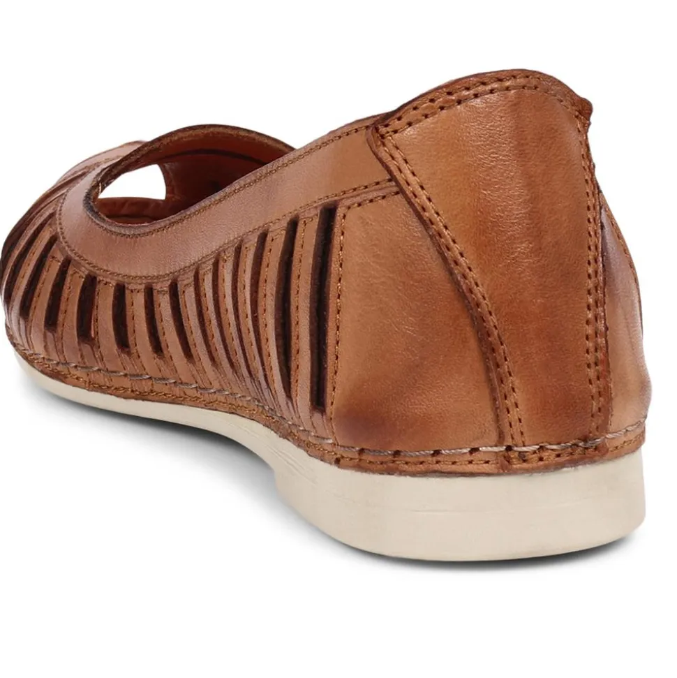 Leather Open-Toe Ballet Flats - Tan