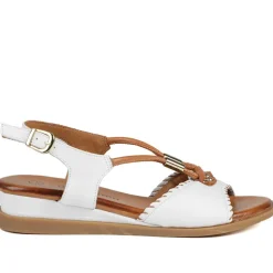 Leather Slingback Wedge Sandals - White-Tan