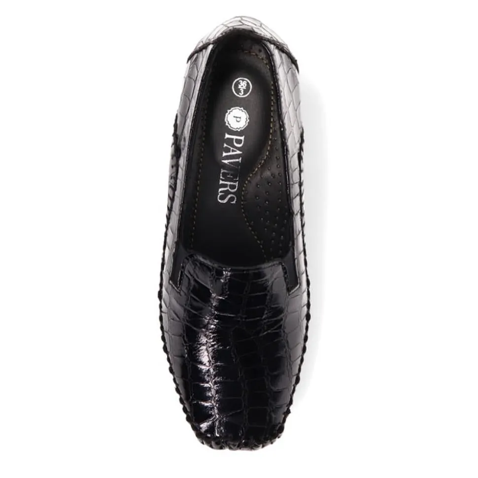 Leather Slip-On Heeled Shoes - Black Croc