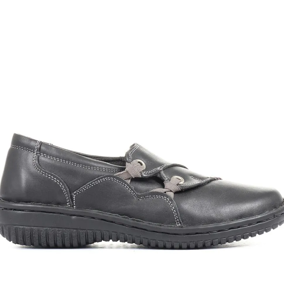 Leather Slip On Shoe with Elastic Loop - Black