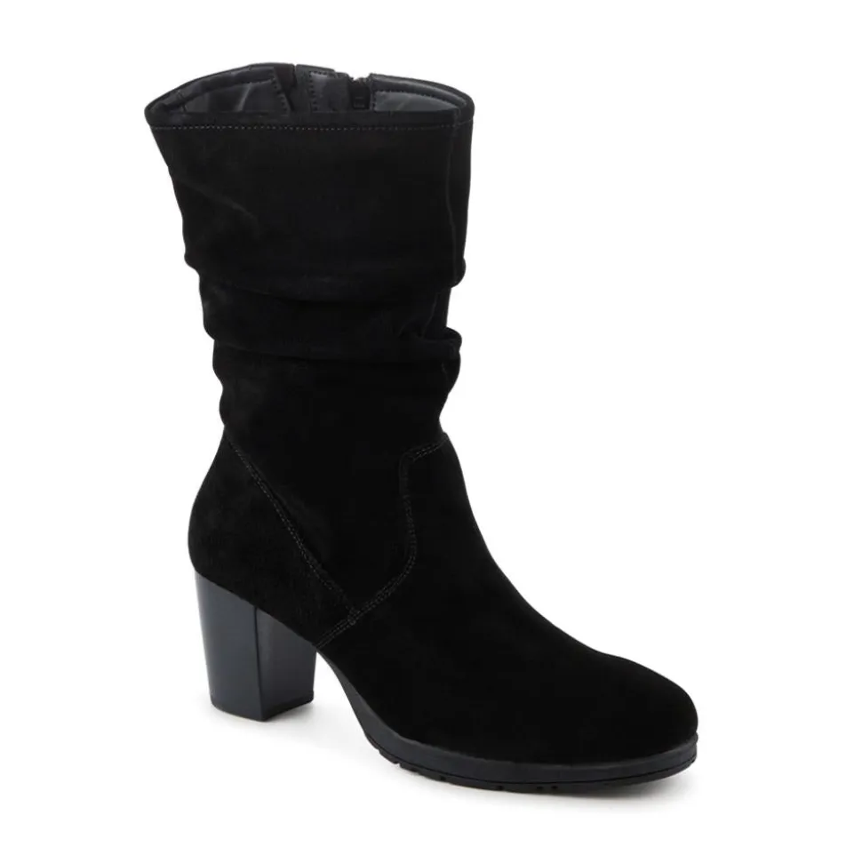 Leather Stacked Heel Calf Length Boots - Black