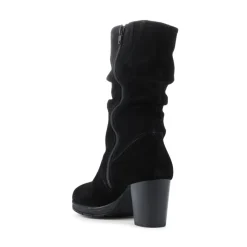Leather Stacked Heel Calf Length Boots - Black