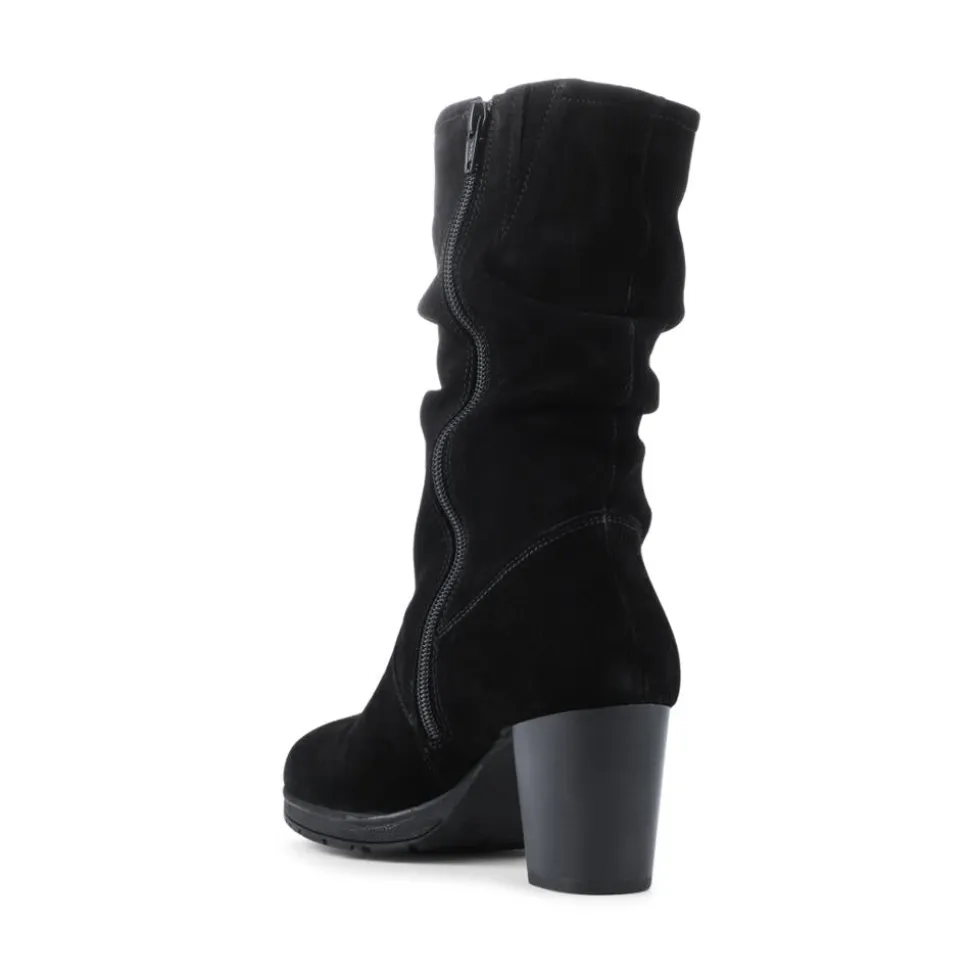 Leather Stacked Heel Calf Length Boots - Black