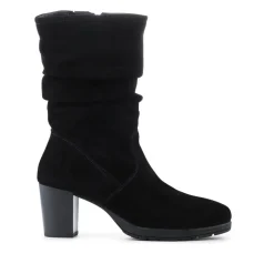 Leather Stacked Heel Calf Length Boots - Black