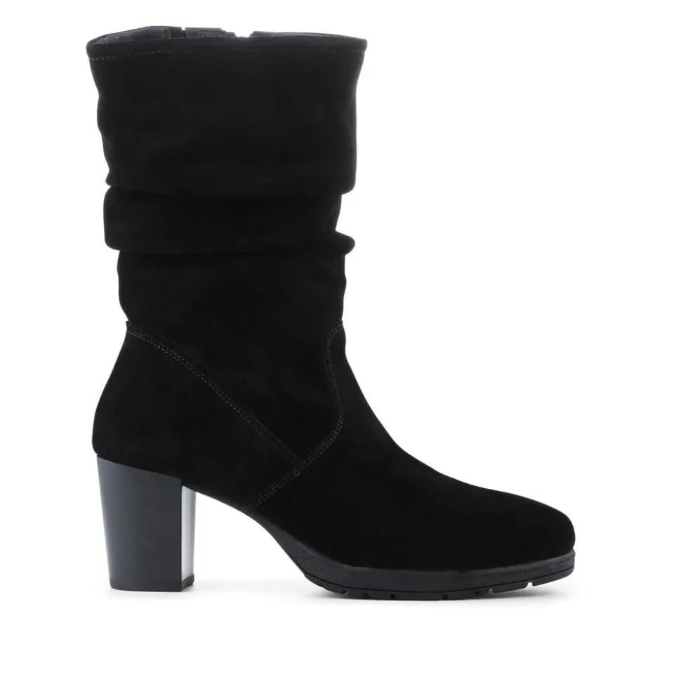 Leather Stacked Heel Calf Length Boots - Black