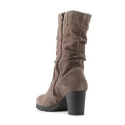Leather Stacked Heel Calf Length Boots - Taupe