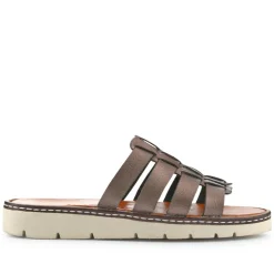 Leather Strappy Mule Sandals - Pewter