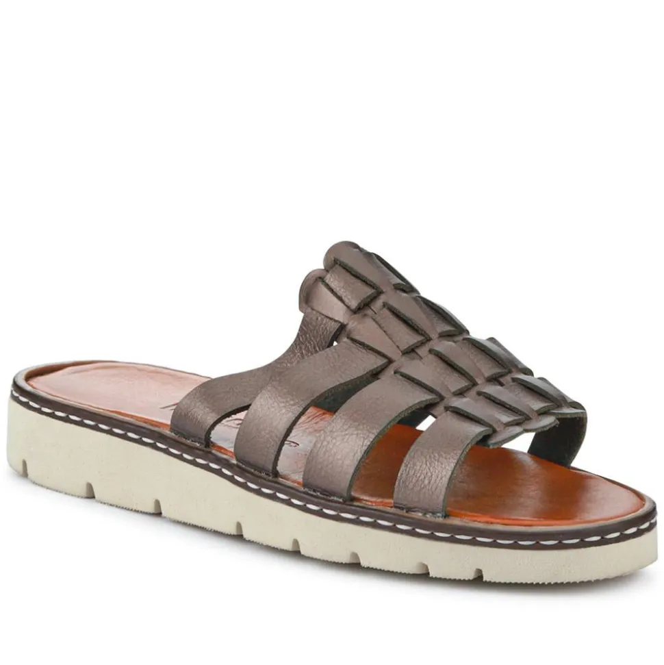 Leather Strappy Mule Sandals - Pewter