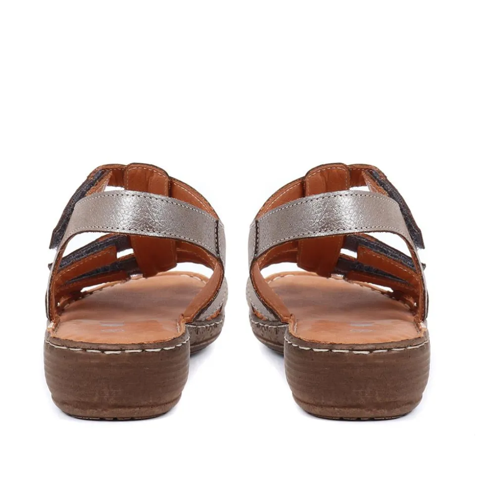 Leather T-Bar Sandals - Pewter