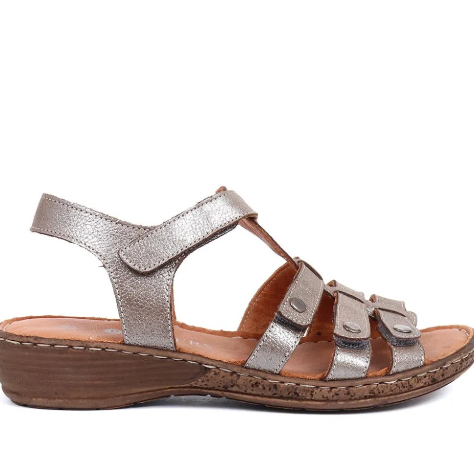 Leather T-Bar Sandals - Pewter