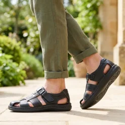 Leather Touch Fasten Fisherman Sandals - Black