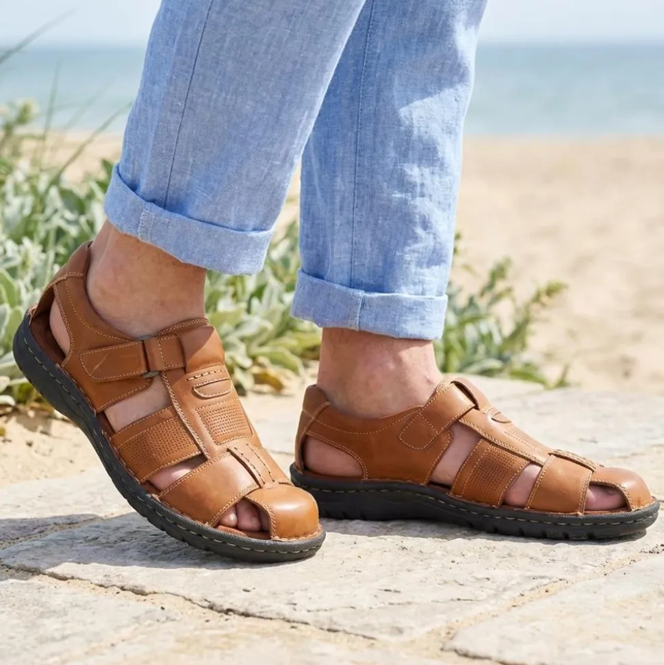 Leather Touch Fasten Fisherman Sandals - Tan