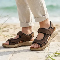 Leather Touch-Fastening Sandals - Brown