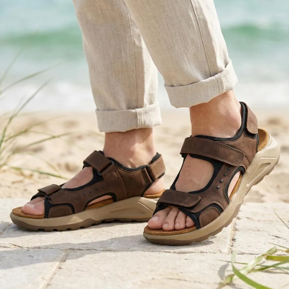 Leather Touch-Fastening Sandals - Brown
