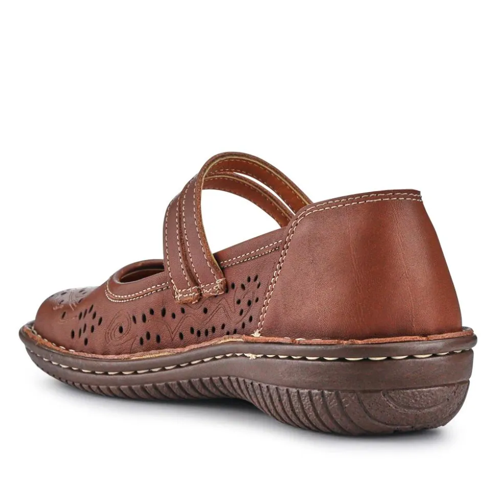 Leather Touch-Fasten Mary Janes - Brown