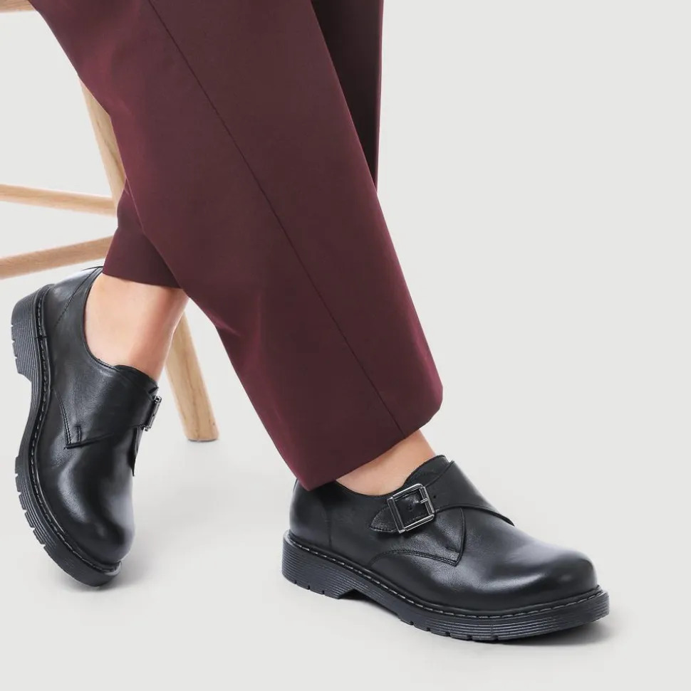 Leather Touch-Fasten Monk Shoes - Black