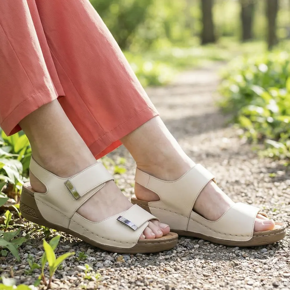 Leather Touch Fasten Wedge Sandals - Beige