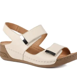 Leather Touch Fasten Wedge Sandals - Beige