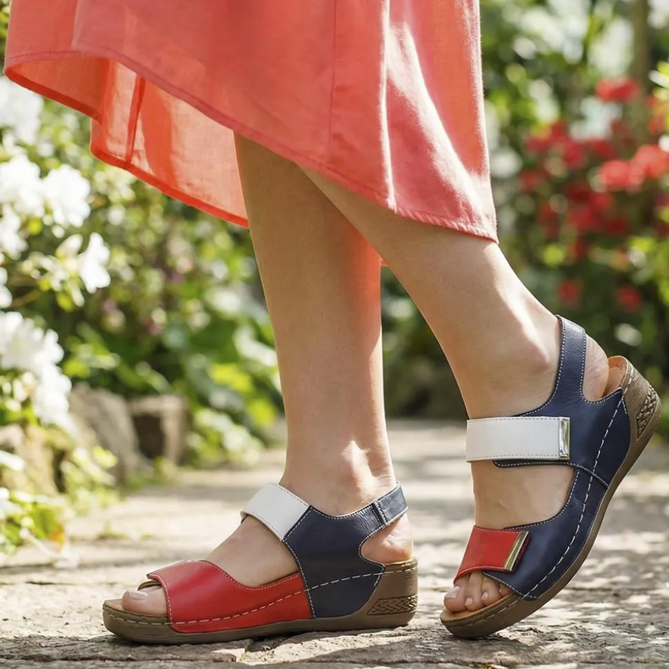 Leather Touch Fasten Wedge Sandals - Navy Multi