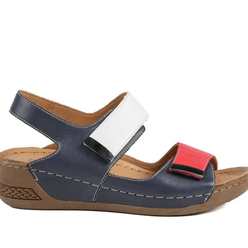 Leather Touch Fasten Wedge Sandals - Navy Multi