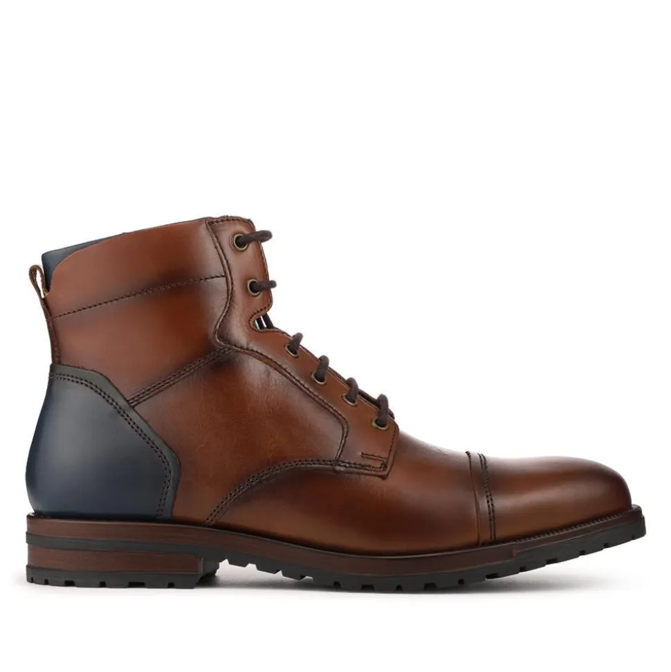 Leather Two Tone Lace Up Boots With Toe Cap - Tan