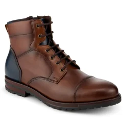 Leather Two Tone Lace Up Boots With Toe Cap - Tan