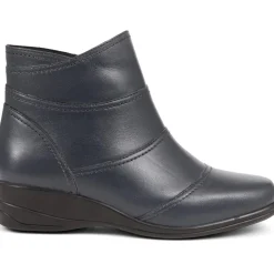 Leather Wedge Ankle Boots - Navy