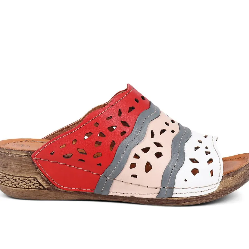 Leather Wedge Mules - Red Multi