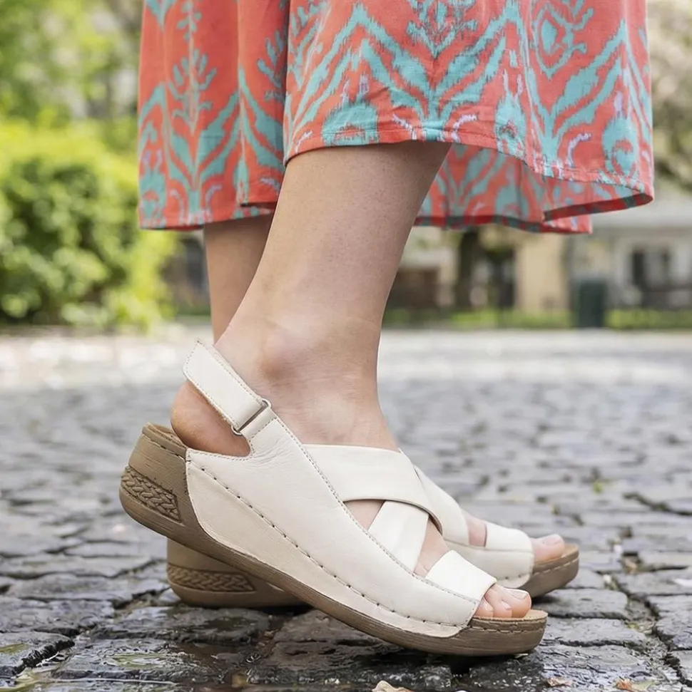 Leather Wedge Sandals - Beige