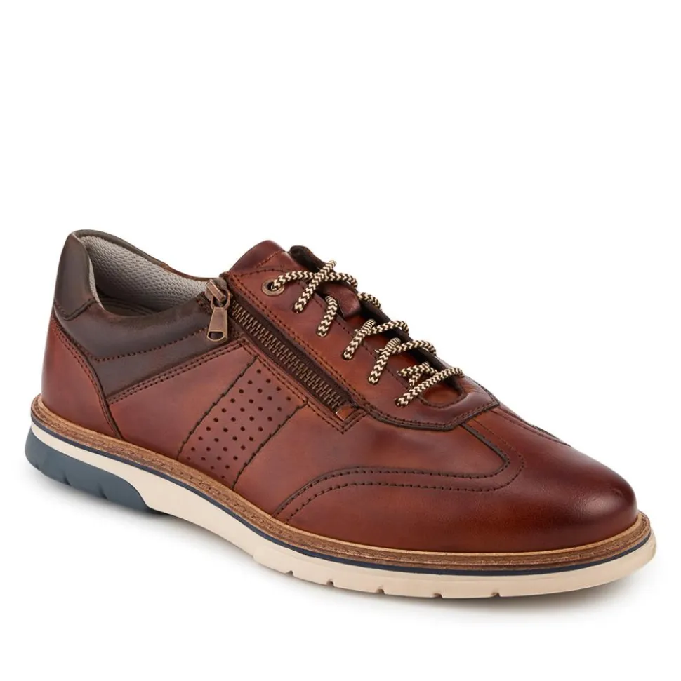 Leather Wide-Fit Dual-Fasten Trainers - Cognac