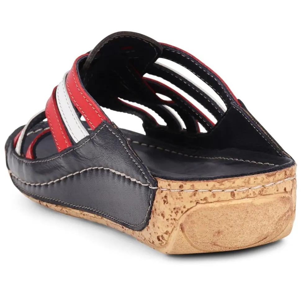 Leather Woven Wedge Mule Sandals - Navy-Red