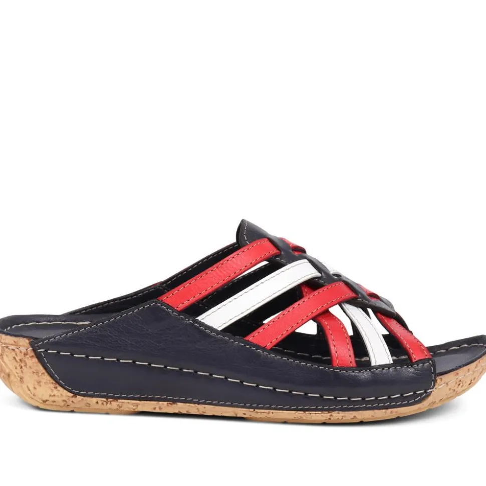 Leather Woven Wedge Mule Sandals - Navy-Red