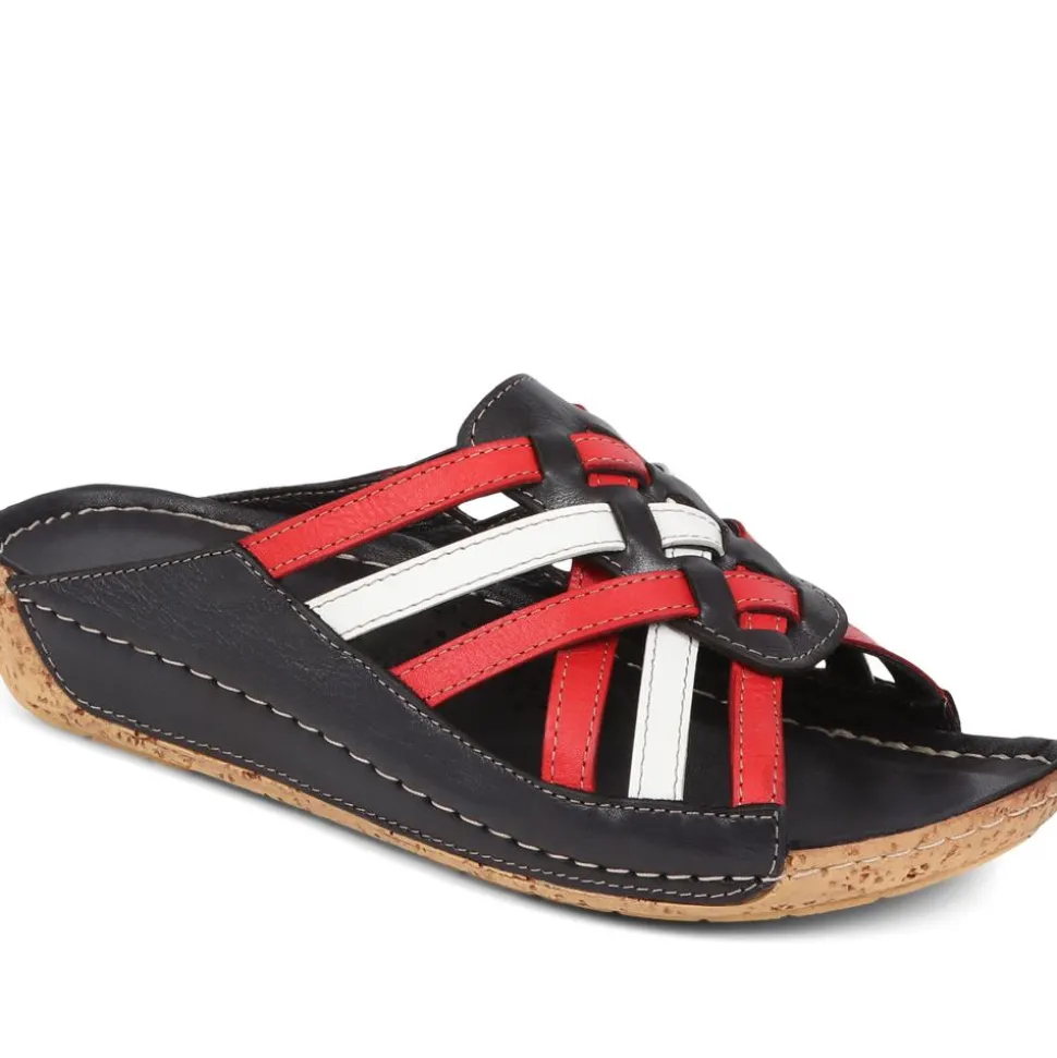 Leather Woven Wedge Mule Sandals - Navy-Red