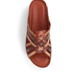 Leather Woven Wedge Mule Sandals - Tan Multi