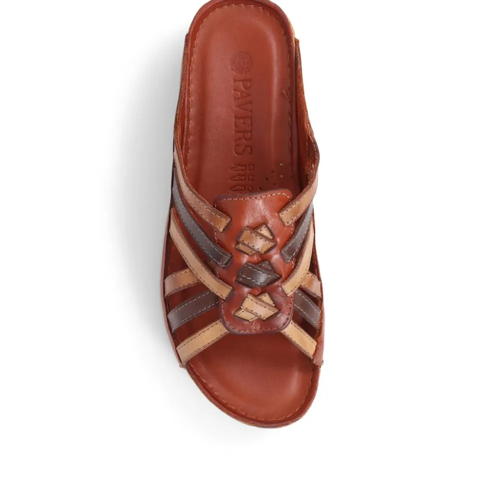 Leather Woven Wedge Mule Sandals - Tan Multi