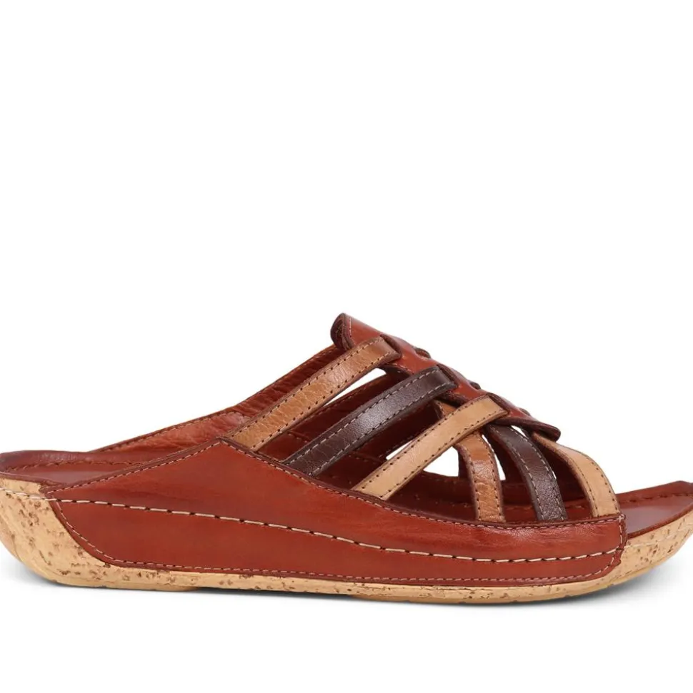 Leather Woven Wedge Mule Sandals - Tan Multi
